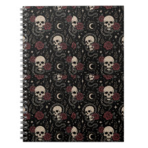 Cuaderno espiral de cráneo gótico y rosa roja