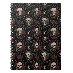 Cuaderno espiral de cráneo gótico y rosa roja