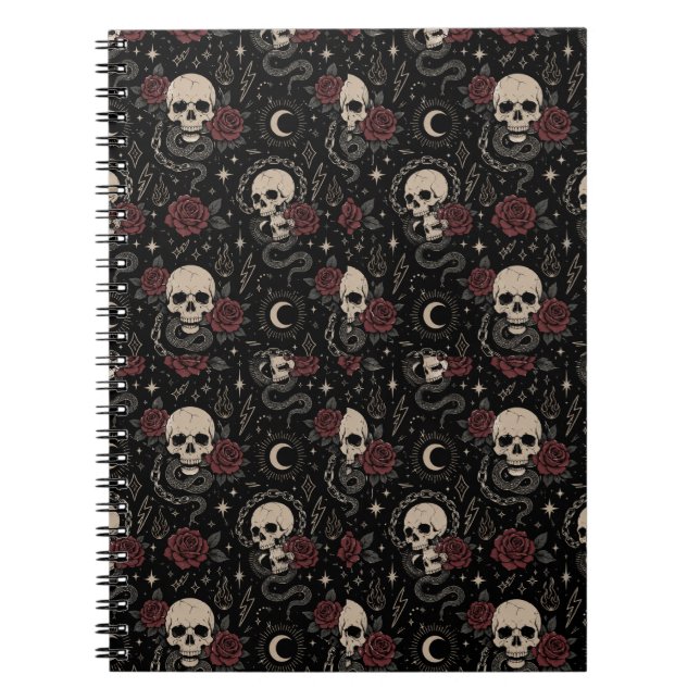 Cuaderno espiral de cráneo gótico y rosa roja (Frente)