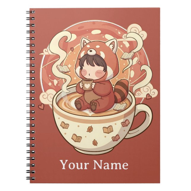 Cuaderno espiral de estudio de café Panda Rojo Kaw (Frente)