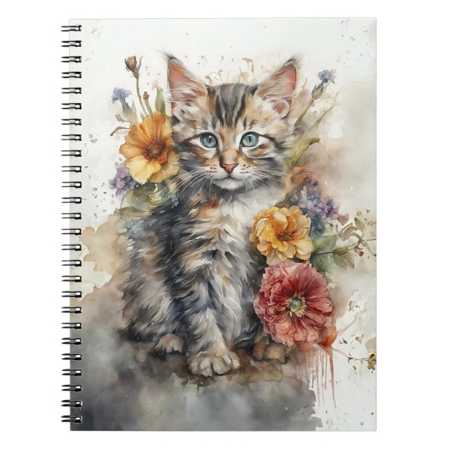 Cuaderno espiral de gatito con flores silvestres e (Frente)