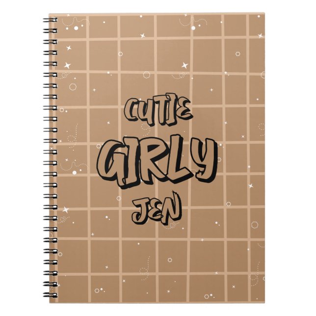 Cuaderno espiral de gingham marrón de niña linda (Frente)