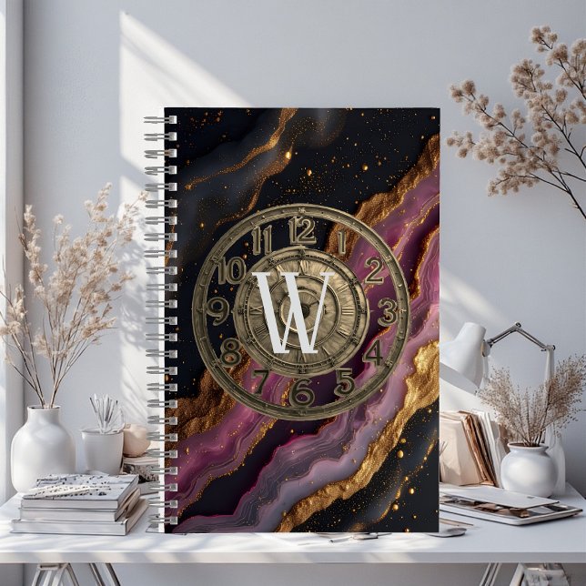 Cuaderno espiral de lujo con monograma personaliza (Personalized Monogram Agate Pink Rustic Metal Luxe Notebook)