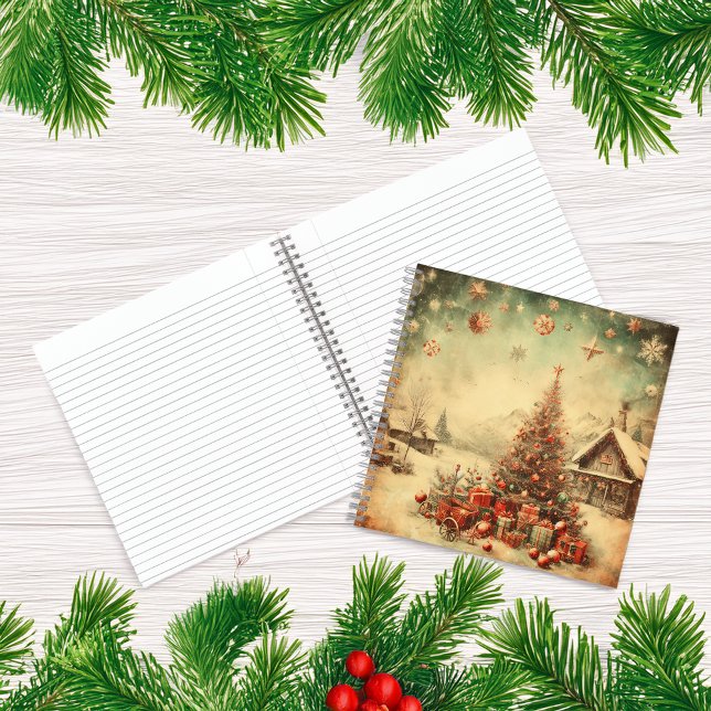Cuaderno Espiral de mensajes personalizados del árbol de Na (Vintage Christmas tree personalized message spiral Notebook)