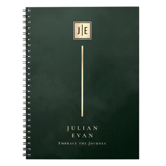 Cuaderno Espiral de Monograma de Oro Verde Esmeralda Oscuro (Frente)