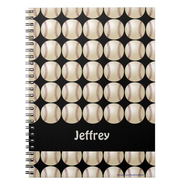 Cuaderno Espiral de nombre personalizado negro de béisbol (Frente)