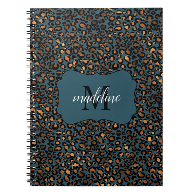 Cuaderno Espiral de nombres de monograma de patrón leopardo (Frente)