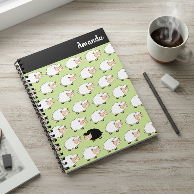 Cuaderno espiral de oveja negra caprichosa con nom (Whimsical black sheep spiral notebook with custom name.)