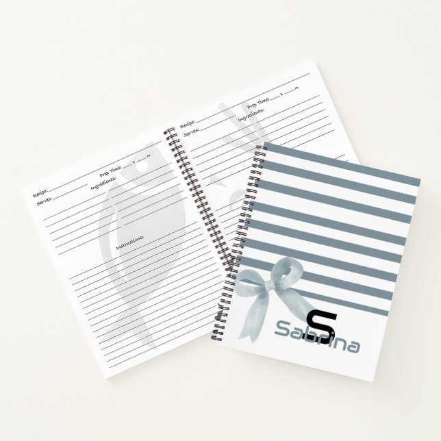 Cuaderno espiral de rayas con lazo azul de acuarel (Interior)