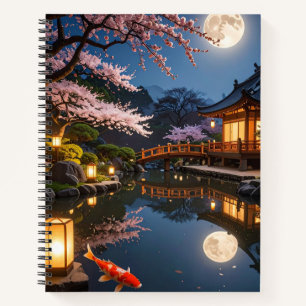 Cuaderno espiral del jardín japonés iluminado por 