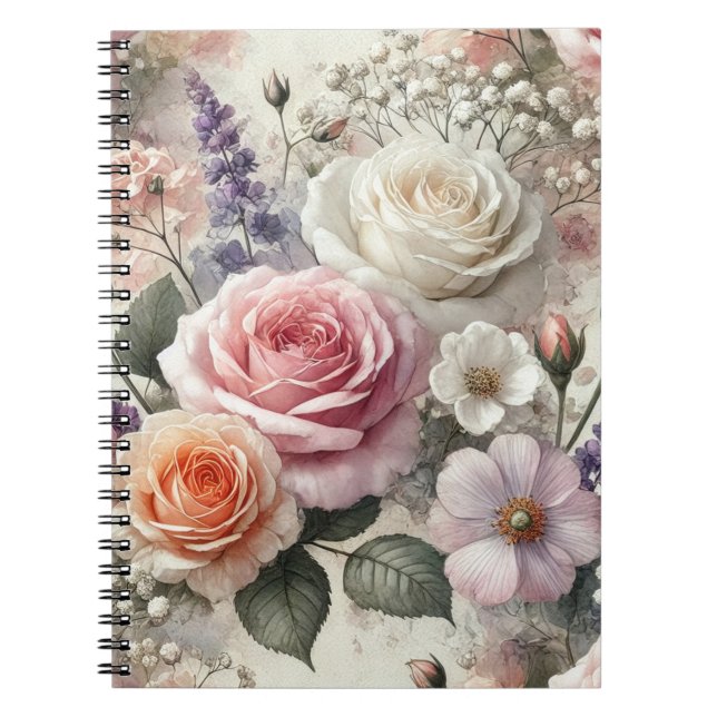 Cuaderno espiral elegante con patrón de rosas rosa (Frente)