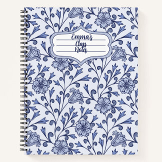 Cuaderno espiral floral azul personalizado 8.5x11