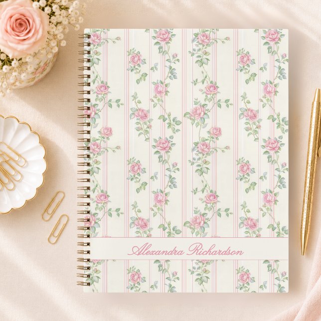 Cuaderno espiral floral de rosa rosa personalizado (elegant pink coquette grandmillennial floral rose notebook with custom calligraphy script monogram)
