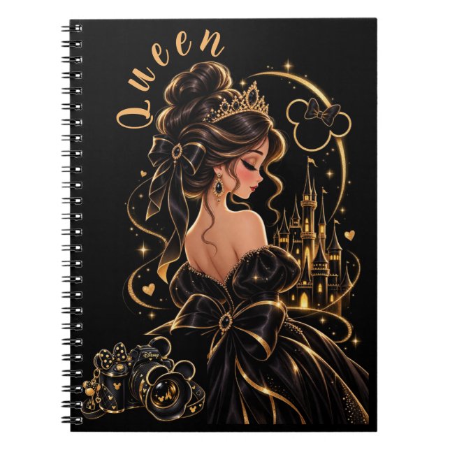 Cuaderno espiral negro y dorado de la Reina (Frente)