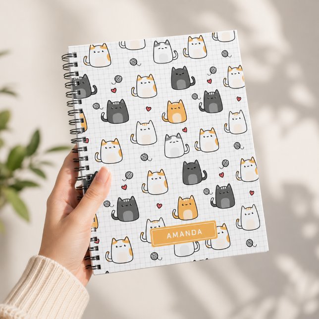 Cuaderno Espiral Personalizado Patrón de Gato Kawa (Cute Kawaii Cat Pattern Personalized Spiral Notebook)