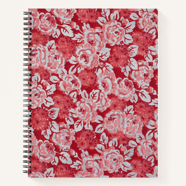 Cuaderno espiral rosa y rojo con patrón de rosa (Anverso)