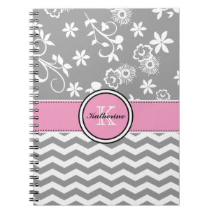 Cuaderno espiral rosado floral gris de Chevron del