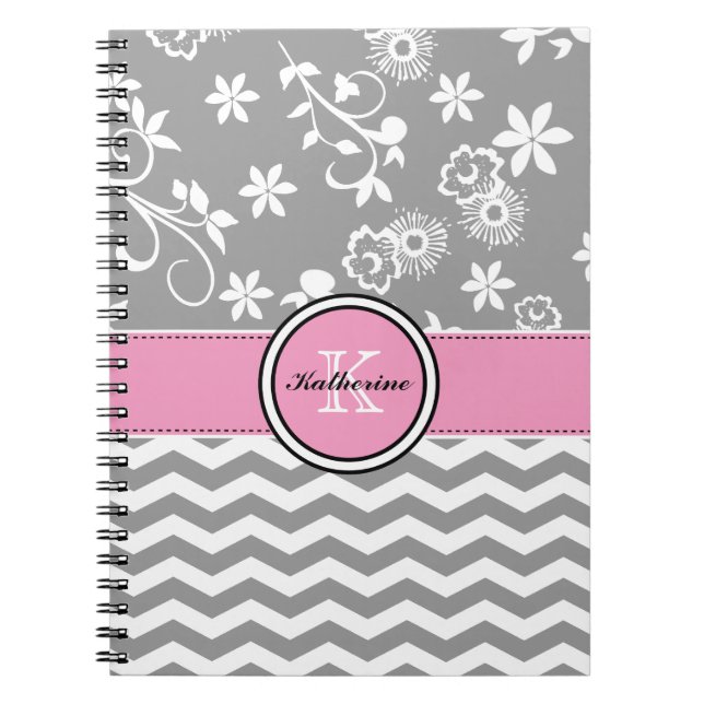 Cuaderno espiral rosado floral gris de Chevron del (Frente)