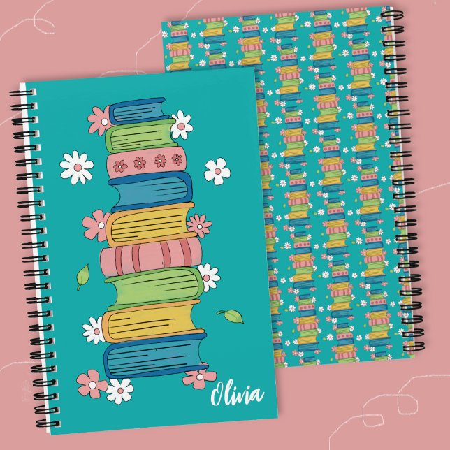 Cuaderno espiral teal para niños con pila de libro (Books and little flowers spiral notebook .)