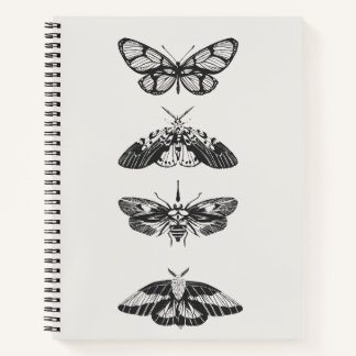 Cuaderno espiral vintage de mariposa en blanco y n