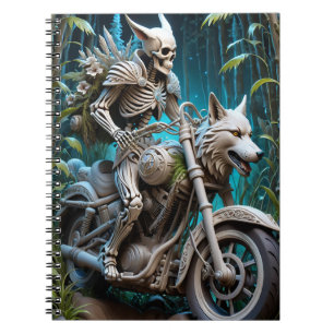 Cuaderno esqueleto en una moto montado sobre una cabeza de 