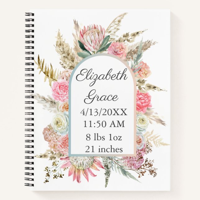 Cuaderno Estadísticas de nacimiento florales blancas rosada (Anverso)