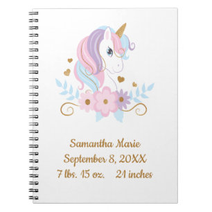 Cuaderno Estadísticas de Nacimiento Unicornio Rosa Azul Dor