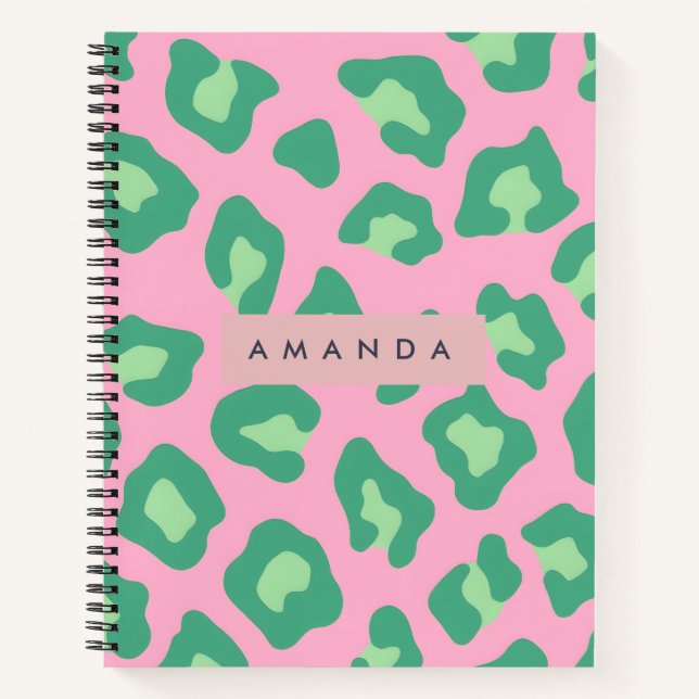 Cuaderno Estampado de leopardo rosa y verde personalizado (Anverso)
