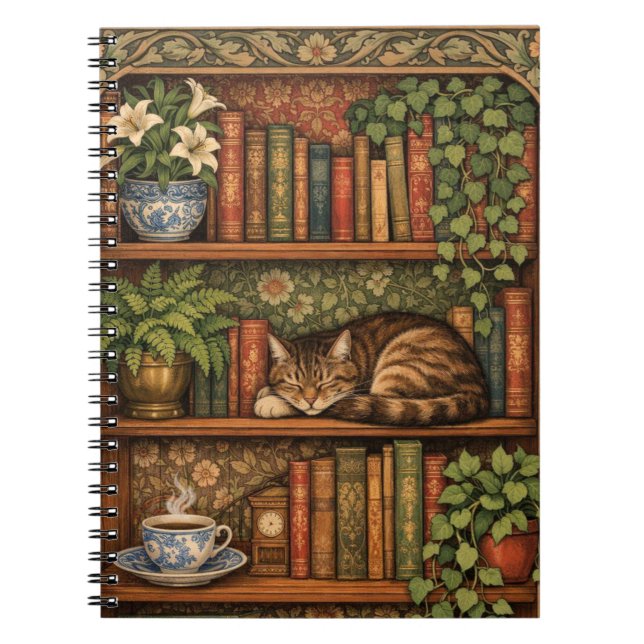 Cuaderno Estante de libros antiguos con gato y café (Frente)