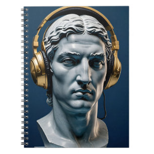 Cuaderno Estatua con auriculares de mármol azul marino, gri