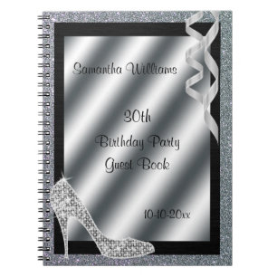 Cuaderno Estilete purpurinoso de plata y cumpleaños de las