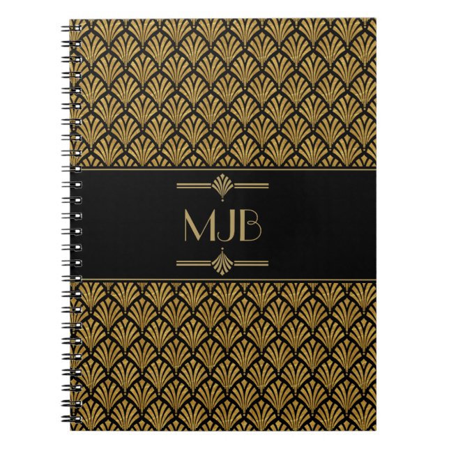 Cuaderno Estilo Art Deco Patrón de fanáticos negro y dorado (Frente)