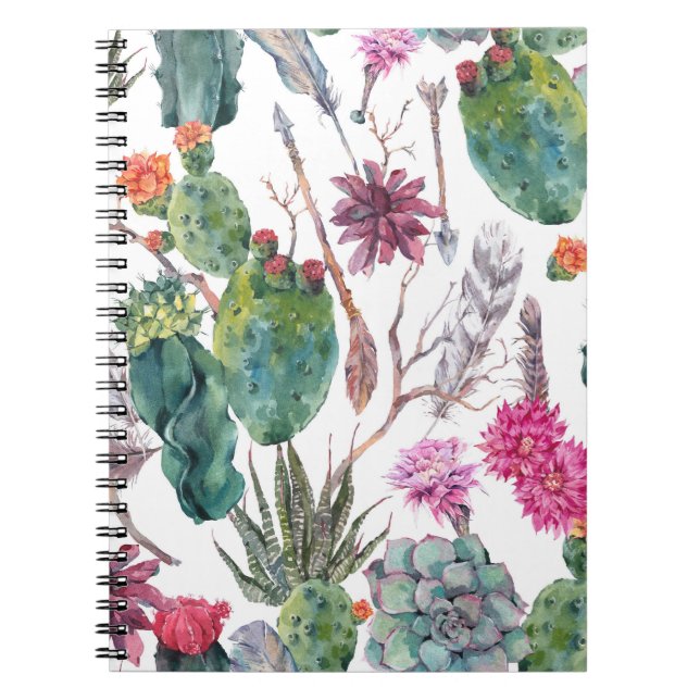 Cuaderno Estilo Boho, acuarela de cactus vintage. (Frente)