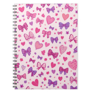 Cuaderno Estilo Coquette Rosa Morado Lazo y Corazón Patrón