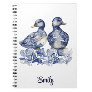Cuaderno Estilo Delft azul y blanco adorables patos con flo