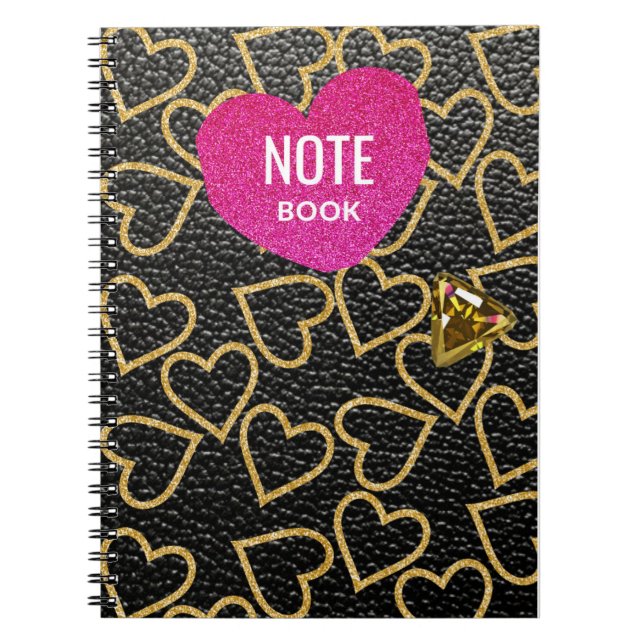 Cuaderno estilo falso de cuero negro con corazones dorados, (Frente)