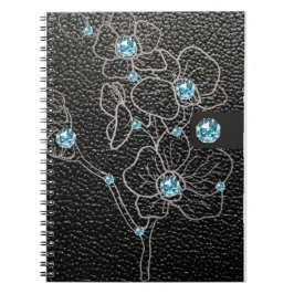 Cuaderno estilo falso de cuero negro con flores grises y