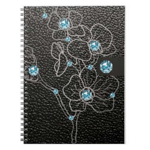 Cuaderno estilo falso de cuero negro con flores grises y