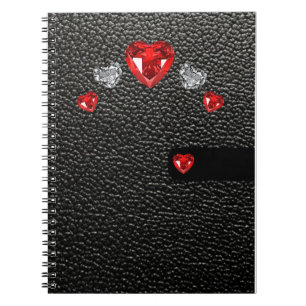 Cuaderno estilo falso de cuero negro con piedras rojas y bl