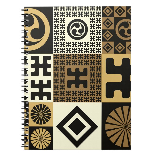 Cuaderno Estilo japonés, patrones de oro negro sin costura. (Frente)