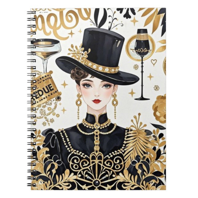 Cuaderno Estilo Moulin rouge, negro y dorado, rico lujo (Frente)