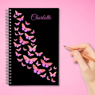 Cuaderno Estilo Patrón de Mariposa Agregar Nombre Rosa y Ne