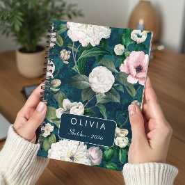 Cuaderno Estilo Patrón de Monograma Verde Floral Rosa