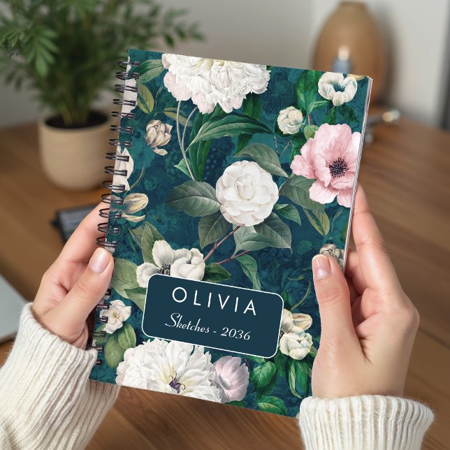 Cuaderno Estilo Patrón de Monograma Verde Floral Rosa (Subido por el creador)