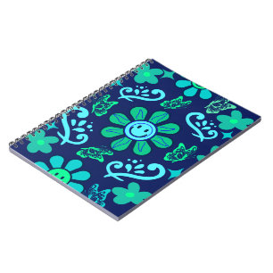 Cuaderno Estilo Retro Azul Patrón de Flor y Símbolo de Sol
