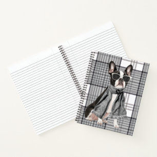 Cuaderno Estiloso perro Boston Terrier y monograma a cuadro
