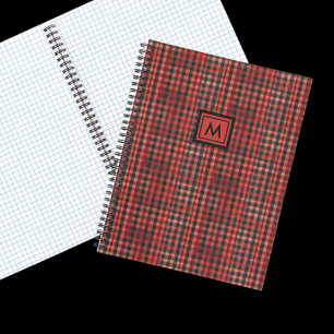 Cuaderno Estiloso Tartán Rojo Y Negro Cuadro Monograma