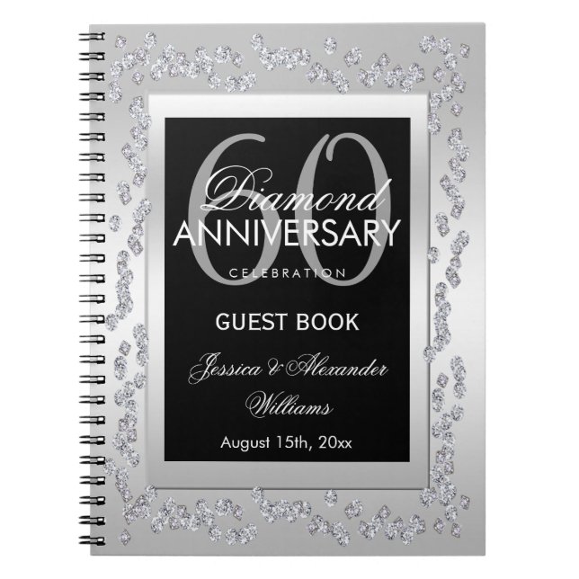 Cuaderno Estilosos diamantes plateados 60 años Boda (Frente)