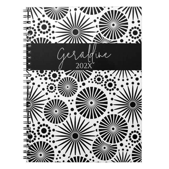 Cuaderno Estrella geométrica moderna en blanco y negro Nomb (Frente)