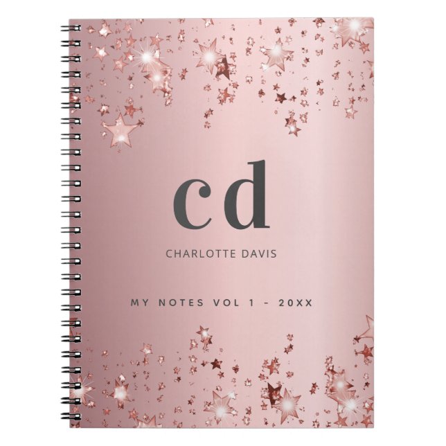 Cuaderno Estrellas brillantes de monograma rosa polvoriento (Frente)